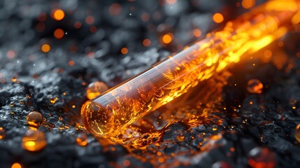 Close up of a fiery orange rod on a dark textured surface with glowing specks and small droplets