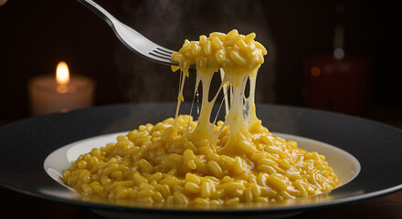  Creamy cheese risotto with melting cheese on fork for comfort food and Italian dinner visuals