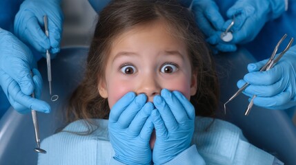 A little scared girl sitting on the dentist's chair.