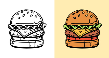 ,A cartoon drawing of a hamburger with lettuce and tomato. The burger is on a white background