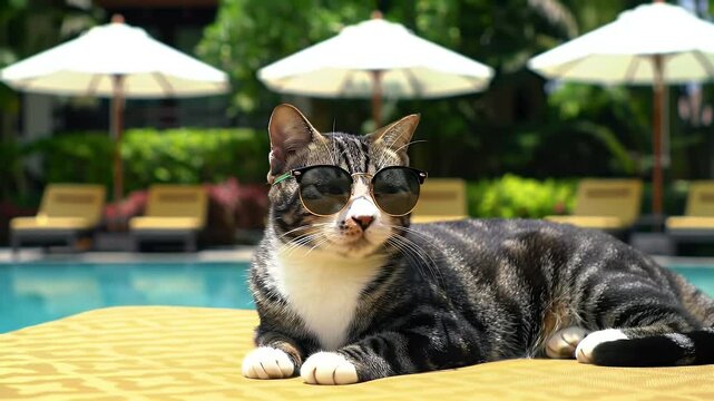 Tabby Cat with Sunglasses Lounging Near Blue Pool on Sunny Day for Summer Vacation Vibe