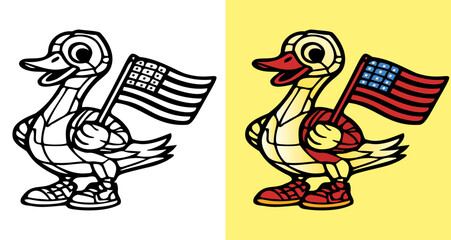 A cartoon duck holding an American flag. The duck is smiling and has a flag in its beak