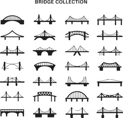 Black silhouette collection of various bridge designs, ideal for architecture, transportation, and engineering-themed designs.