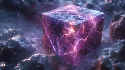 Obraz premium Glowing purple cube with nebula texture surrounded by rocky terrain and sparkling particles around it