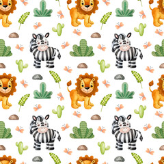 Obraz premium Lion, zebra, bushes, cacti, palm leaves, butterflies and pebbles. Seamless pattern with African animals for children's design. Hand drawn watercolor illustrations on a white background.