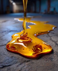 A glossy puddle of honey on the ground. 