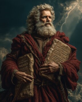 Moses holding two stone tablets with the 10 commandments, Bible story.