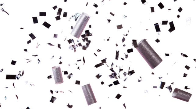 Silver and black confetti falling on transparent background