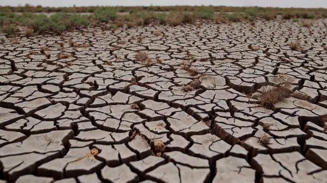 Cracked earth landscape transitioning from dry to parched in arid environment