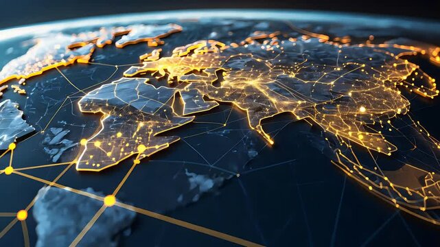 Illuminated world map from space showing glowing network connections across continents with digital lines and bright urban clusters

 - Powered by Adobe