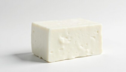 Textured surface of a white cheese block against pure white backdrop , surface, solid