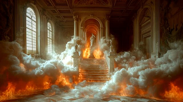 Burning palace interior with smoke and fire
