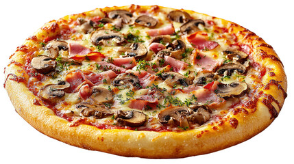 Delicious pizza with bacon champignon mushrooms on white background PNG
