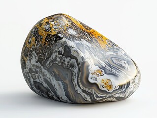 Obraz premium Polished stone, irregular shape, with mottled gray, black, and yellow bands