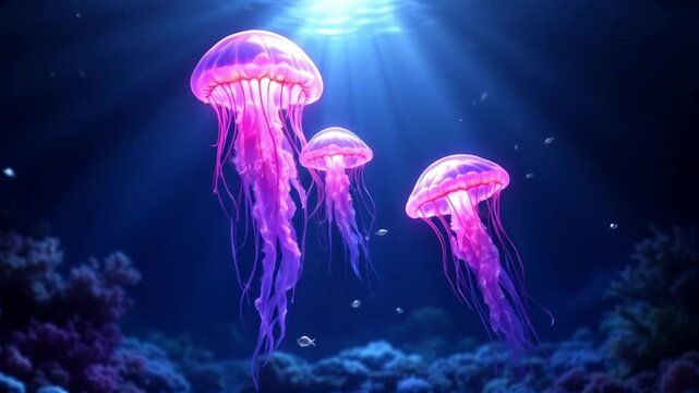 Three pink jellyfish swimming in ocean depths