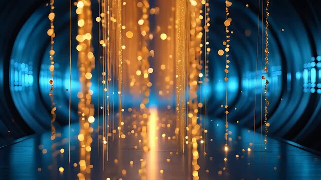 Golden glowing particle streams cascading in a futuristic blue-lit tunnel with reflections on the polished metallic floor surface

