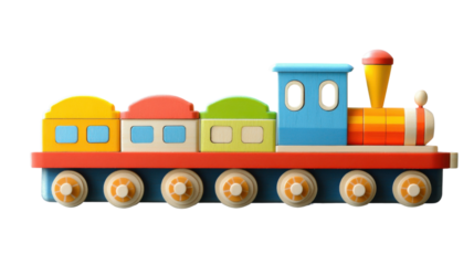 Colorful wooden toy train with transparent background is waiting for kids
