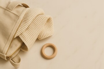 Baby blanket and wooden teething ring in beige diaper bag  
