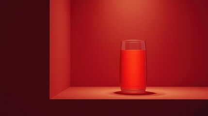 Obraz premium 3d rendering of a glass of red liquid on a red background. the glass is placed on a white surface with a shadow cast on it.