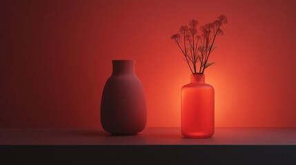 Two vases on a dark surface with a red background. the vases are tall and slender, with a round shape and a narrow neck. they are placed side by side, facing each other.