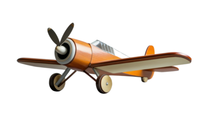 Wooden toy airplane flying with transparent background