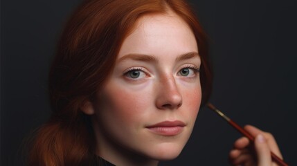 Obraz premium Close-up portrait of a young woman with red hair and blue eyes. she is holding a makeup brush in her right hand and is looking directly at the camera with a serious expression.