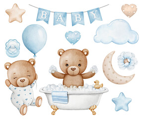 Watercolor Baby Bears in Bath and Balloon Clipart Set