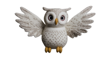 Lovely handmade felt owl toy flapping wings on transparent background