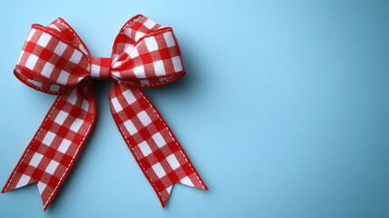 a red gingham plaid ribbon bow tied vector on soft light blue background, clean and minimalistic banner design with space. Festive/Holiday Decoration.