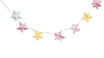 Pastel colored origami stars hanging on a string with transparent background