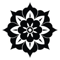 Intricate Black and White Floral Crest – Symmetrical Emblem Design on White Background