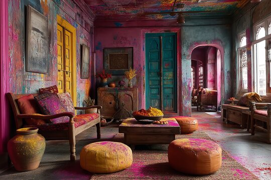 Celebrating Holi customs with joyous gatherings and vivid colors all throughout the world. Generative Ai