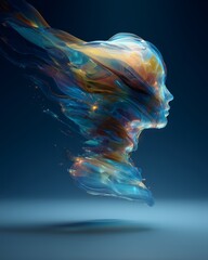 Soulful Expression: A spectral silhouette of a woman's profile gracefully emanates a cascade of vibrant, colorful energy, symbolizing inner thoughts and emotions with a touch of dreaminess. 