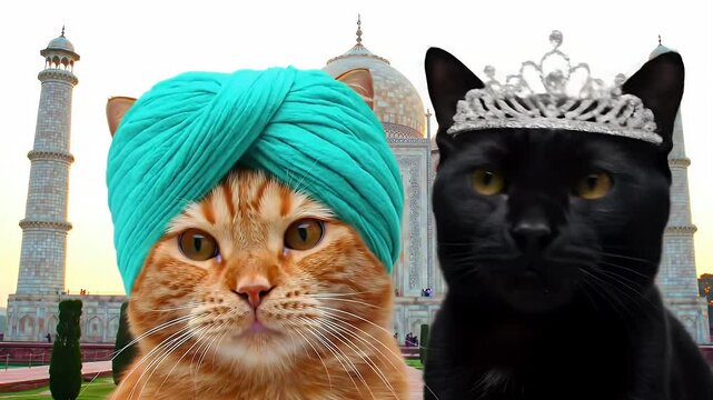 Two Cats Posing With Headwear Turquoise Turban and Tiara With Whiskers And Furry In Front of Mausoleum Bibi Ka Maqbara in India