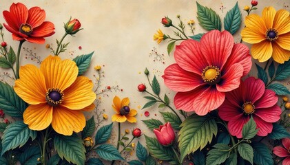 Fototapeta premium Bold blooms in tapestry weave, earthy palette, cotton, country
