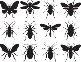 Twelve silhouettes of various insects and bugs