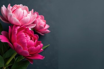 Bold, oversized peonies and tulips in vibrant hues against a dark grey backdrop , luxury, red, large scale