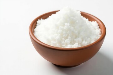 Bowl of white sugar, white background, close-up, white, top view, studio shot