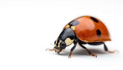 Fototapeta premium Close-up of a single ladybug on white background, background, coleoptera, antennae