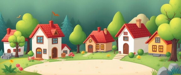 Fototapeta premium Charming cartoon tiny houses, trees, and countryside elements Vector illustration, cartoon, space