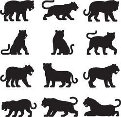 Obraz premium Twelve black silhouettes of tigers in various poses