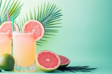 Refreshing grapefruit and lime drinks with palm leaves
