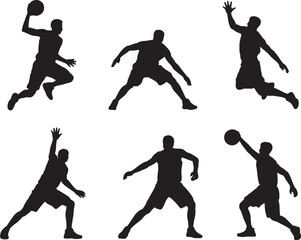 Six silhouettes of basketball players in action