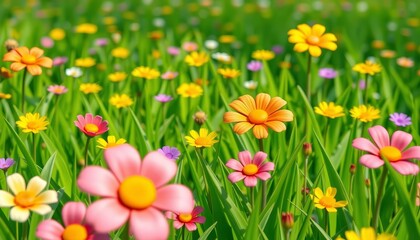 Fototapeta premium Cheerful cartoon flowers & leaves in a vibrant green grass field, meadow, joyful
