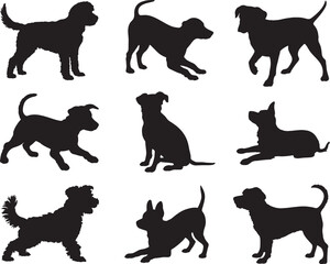 Nine silhouettes of adorable dog breeds playing