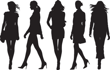 Five silhouettes of women walking fashion models