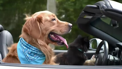 Golden Retriever with Blue Bandana and Black Cat in Convertible on a Sunny Day