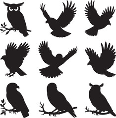Obraz premium Nine black silhouettes of birds owls and hawks