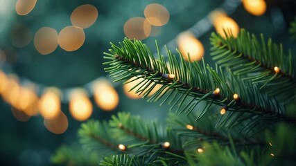 Blurred bokeh of green branch adorned with yellow light garlands. - Powered by Adobe