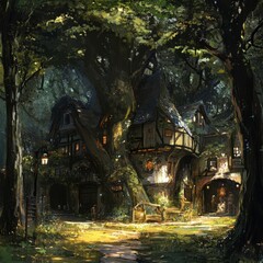 Obraz premium Enchanted village nestled in a mystical forest, bathed in golden sunlight